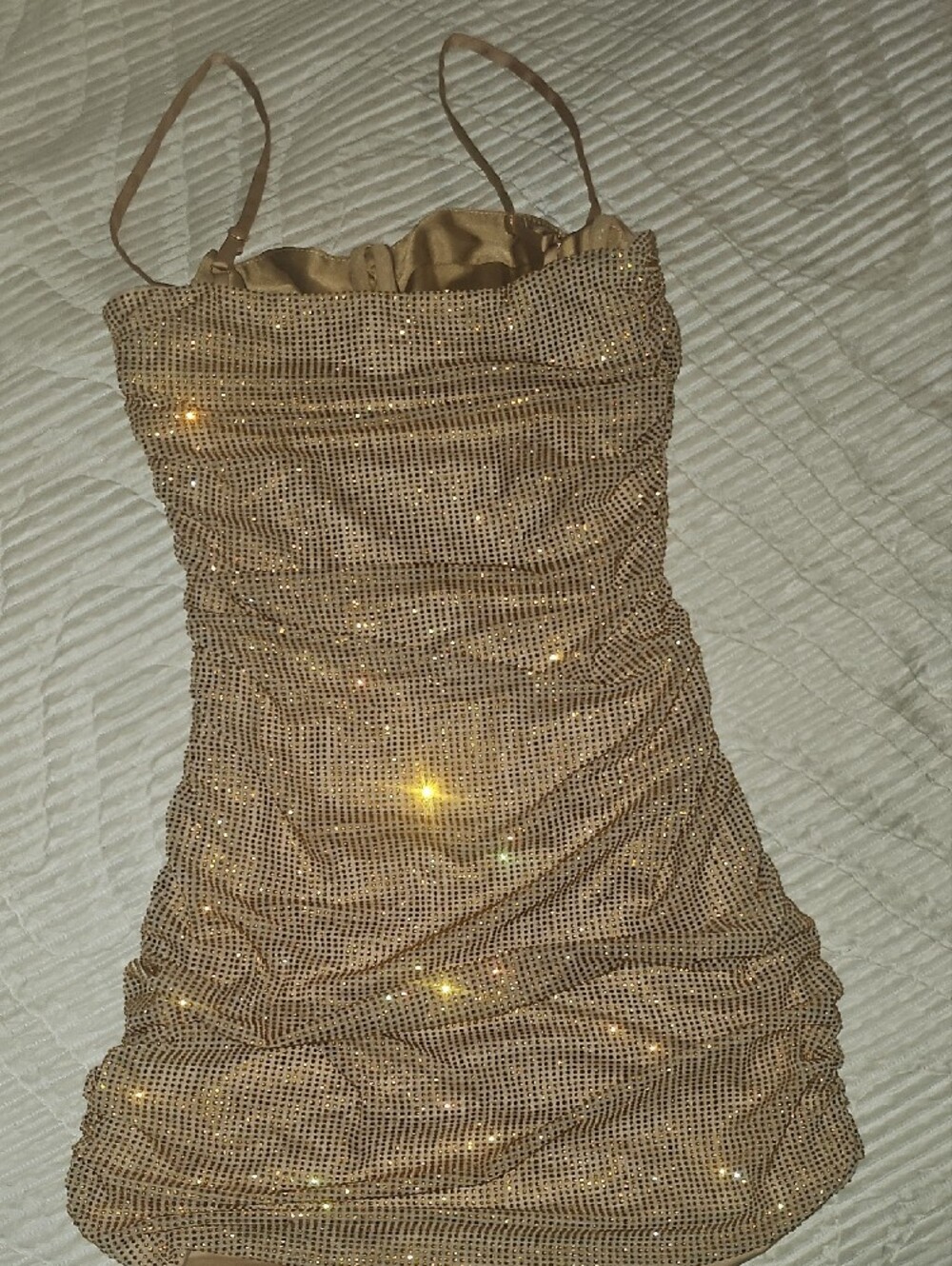 NWOT Oh Polly - Neréa - Gold Ruched Embellished Mini Dress - Picture 7 of 8